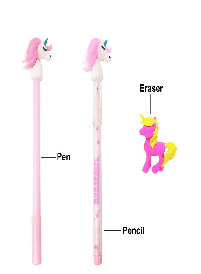 PARTEET Combo Pack Of (3 Items) 1Pc Unicorn Pen 1Pc Unicorn Pencil 1Pc Unicorn Eraser For Kids,Blue - Image 2